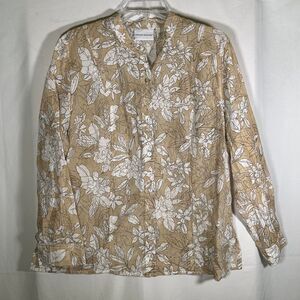 Alfred Dunner Long Sleeved Tan White Floral Sheer Blouse Women's size 12